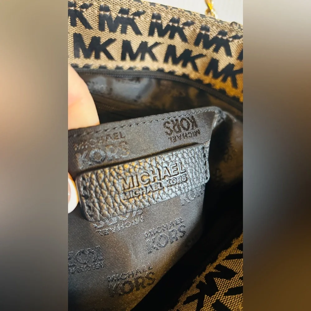 Michael Kors Black & Beige MK Logo Chain-Accent Tote